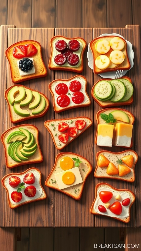 Sims 4 Custom Toast CC Collection A selection of colorful custom toasts for The Sims 4 with various toppings on a wooden table.